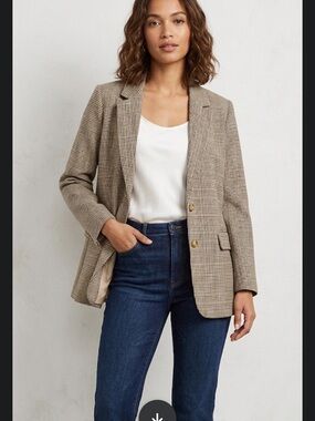 LOFT Classic Plaid Boyfriend Blazer Beige Multi Tailored Sz 12